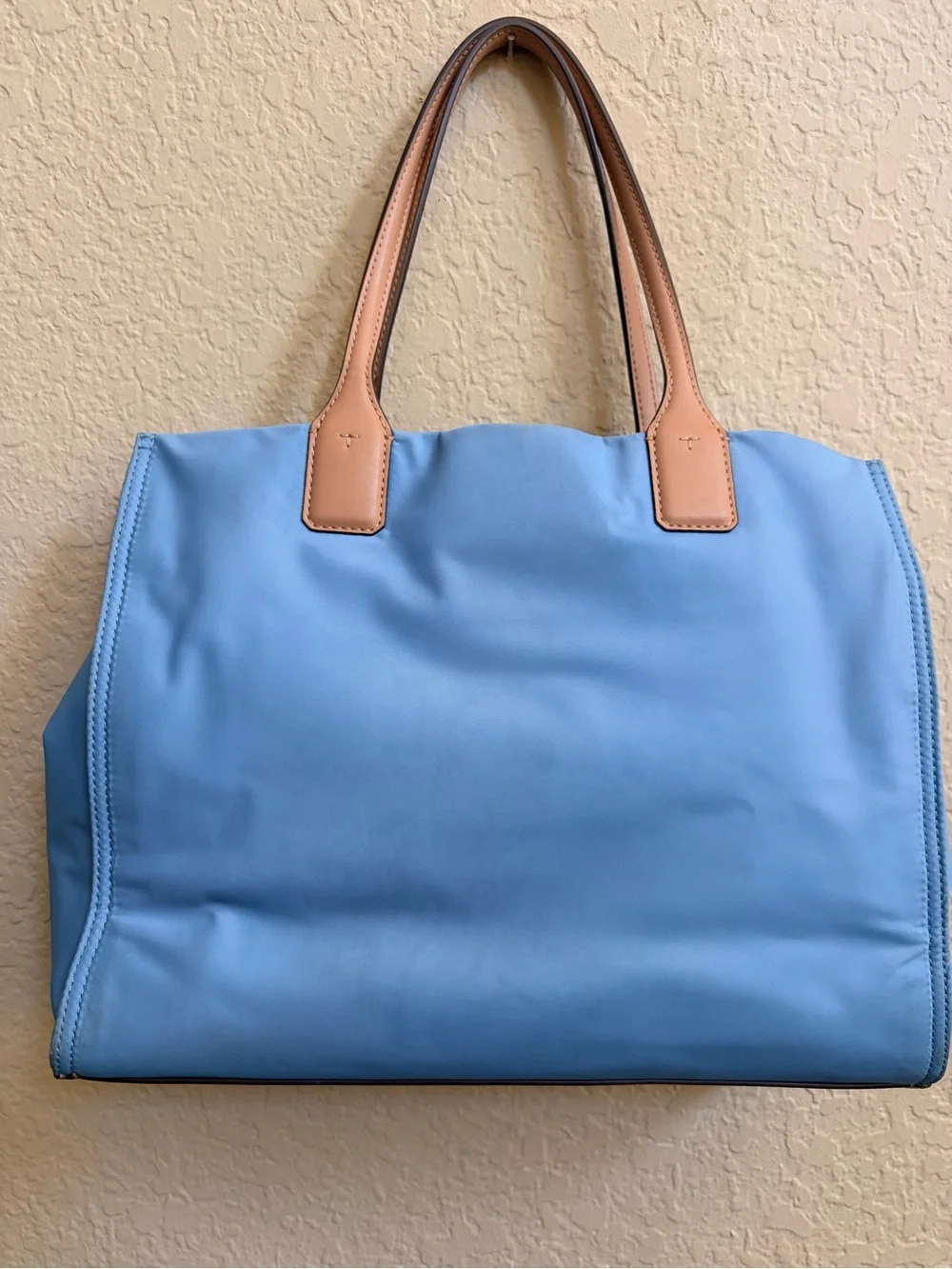 🦋Tory Burch Light Blue Nylon Tote w/ Tan Leather Trim